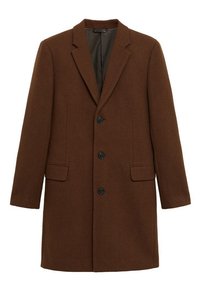 Brown wool blend overcoat with a notched lapel, single-breasted design, three front pockets, and black buttons.