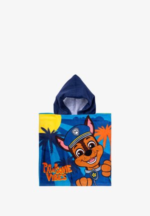 Blaue Kapuze mit einem Cartoon-Polizeihund mit großen Augen, Palmbaumgrafiken und dem Text "PAWSOME VIBES" in Orange. Weicher Stoff.