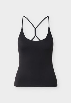 Zwart aansluitend hemd met dunne bandjes en een uniek kruislingse ontwerp aan de achterkant op een lichtgrijze achtergrond.