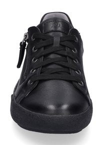 Sneaker in pelle nera con punta arrotondata, lacci neri piatti, zip laterale e suola in gomma texture. Finitura liscia e opaca.