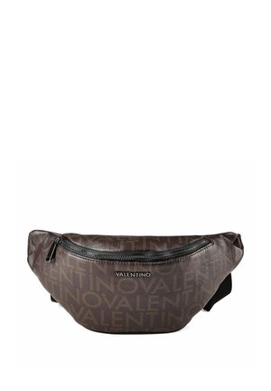 Braune Valentino Gürteltasche mit durchgehendem Logo-Print, Frontreißverschluss und verstellbarem schwarzen Riemen.