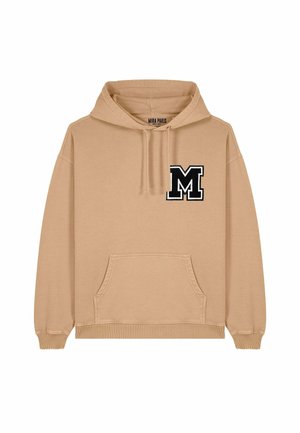 Felpa beige con tasca a marsupio frontale, cappuccio con lacci e "M" ricamata nera sul lato sinistro del petto. Tessuto in morbido misto cotone.
