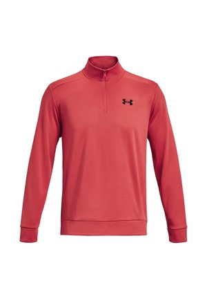 Roter Langarm-Quarter-Zip-Pullover mit hohem Kragen und kleinem schwarzem Under Armour-Logo auf der linken Brust.