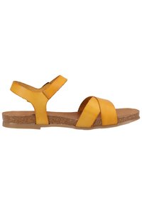 Gelbe Ledersandale mit Korksohle, ausgestattet mit überkreuzten Riemen und einem verstellbaren Knöchelriemen für einen sicheren Sitz. Flaches Design, leichtes Material.