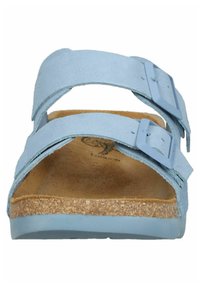 Sandali in suede azzurro chiaro con due cinturini regolabili, soletta in sughero e suola testurizzata. Presentano fibbie quadrate per la chiusura.
