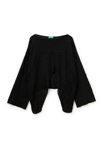 Czarna, lekka, luźna bluzka z szerokimi rękawami, dekoltem w łódkę i wycięciem z przodu. Miękka faktura, minimalistyczny design.