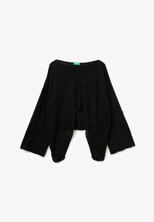 Black, lightweight, loose-fitting top with wide sleeves, a boat neckline, and a cutout in the front. Soft texture, minimalistic design.