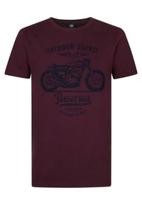 Burgundské bavlněné tričko s černou grafikou motocyklu a nápisem "Outdoor Supply Petrol". Krátké rukávy, kulatý výstřih, střih pro volný čas.