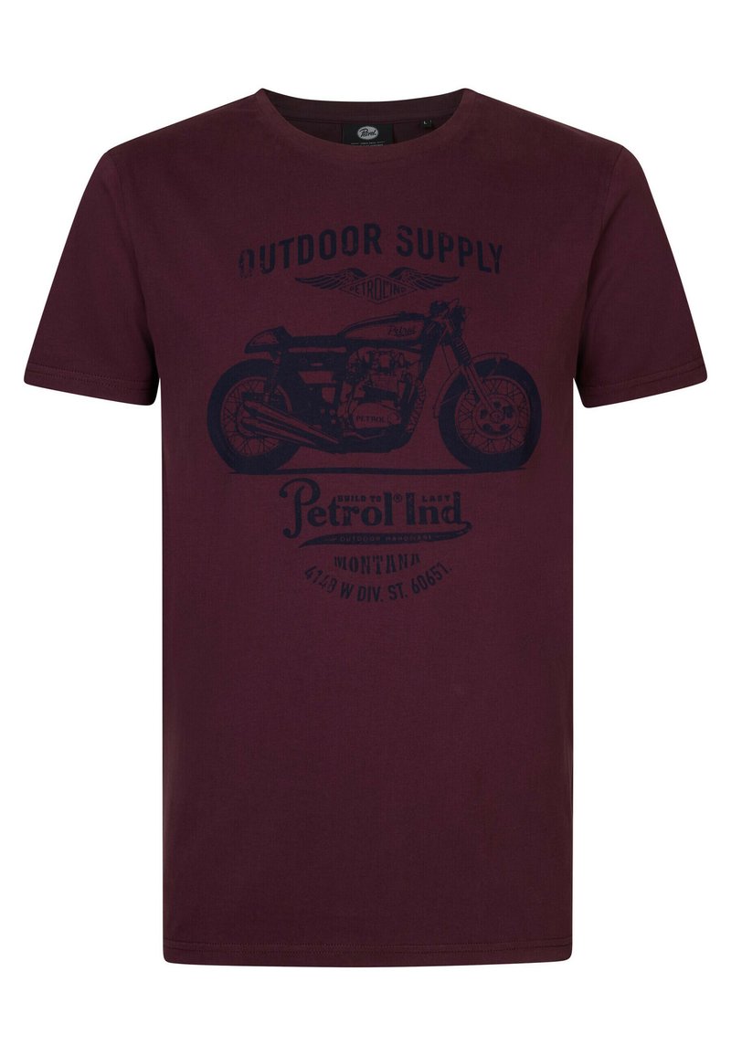 Burgundské bavlněné tričko s černou grafikou motocyklu a nápisem "Outdoor Supply Petrol". Krátké rukávy, kulatý výstřih, střih pro volný čas.