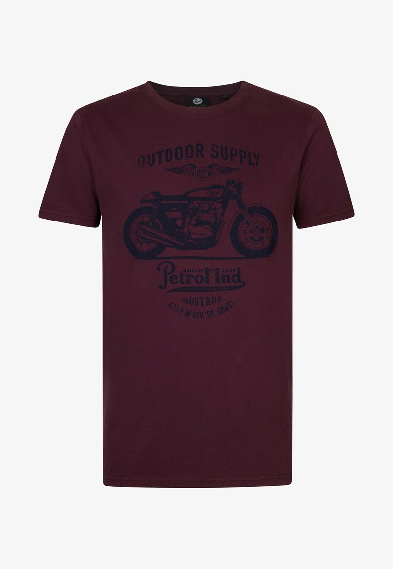 Burgundské bavlněné tričko s černou grafikou motocyklu a nápisem "Outdoor Supply Petrol". Krátké rukávy, kulatý výstřih, střih pro volný čas.