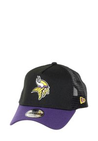 Black mesh cap with purple visor featuring an embroidered Viking logo in yellow and purple; structured design with adjustable fit.