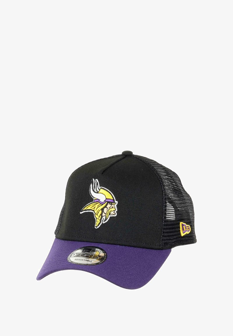 Black mesh cap with purple visor featuring an embroidered Viking logo in yellow and purple; structured design with adjustable fit.
