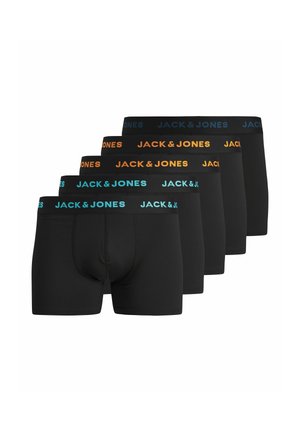 Cinq paires de boxers noirs pour hommes avec des tailles élastiques affichant le logo "JACK & JONES" en texte bleu et orange.