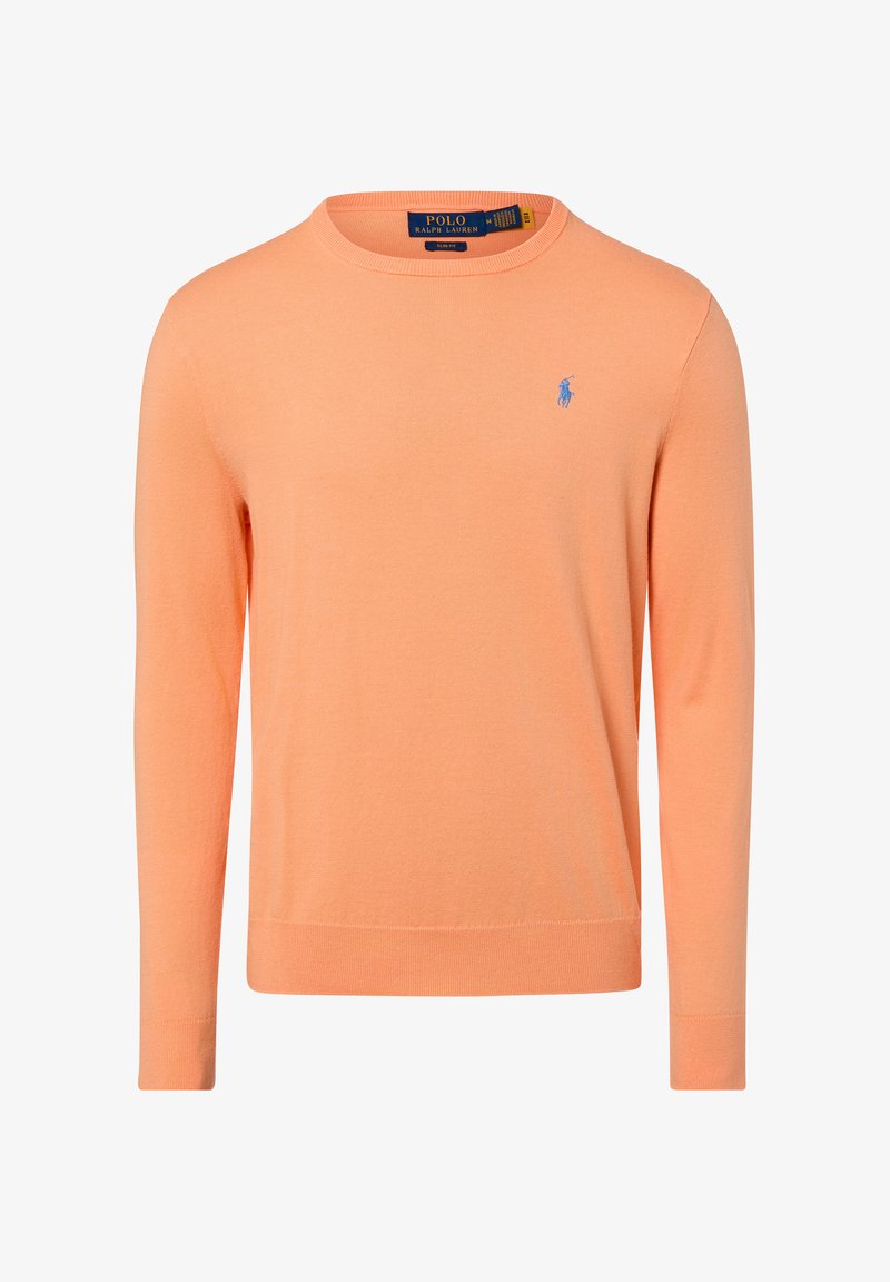 Hellorangefarbener Pullover mit Rundhalsausschnitt und langen Ärmeln, mit kleinem blauen Polo Ralph Lauren Pferde-Logo auf der linken Brust.