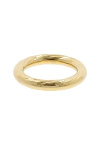 Anello d'oro intrecciato con una finitura liscia e lucida; forma rotonda; larghezza uniforme; design minimalista; senza decorazioni o motivi.