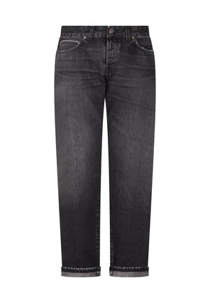 Czarne spodnie dżinsowe o prostych nogawkach z podwiniętymi brzegami, zapięciem na guziki z przodu, szlufkami na pasek i pięcioma kieszeniami, wykonane z wyblakłej dzianiny denim.