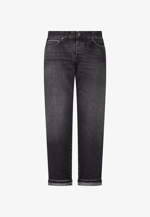 Jean noir à jambes droites avec ourlets retroussés, fermeture à boutons sur le devant, passants pour ceinture, et cinq poches dans un tissu denim délavé.