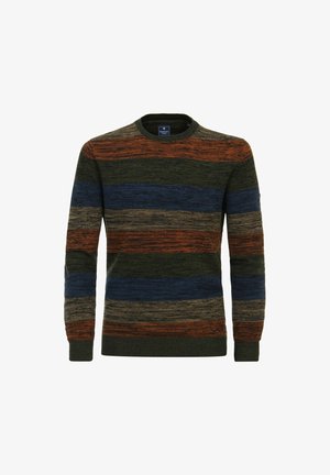 Mehrfarbiger gestrickter Pullover in grünen, blauen, orangefarbenen und braunen Streifen. Rundhalsausschnitt, gerippte Bündchen und strukturiertes Material.