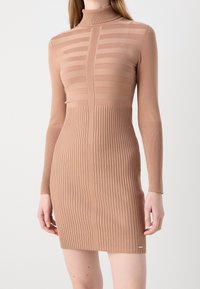 Robe bodycon en tricot avec un col roulé haut, une texture côtelée et des rayures horizontales de couleur nude. Inclut un petit accent métallique.