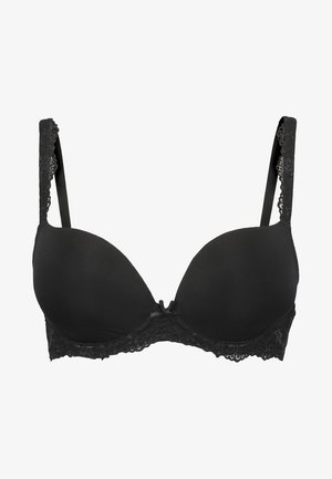 Reggiseno imbottito nero con bordo in pizzo sui lati e sulle spalline. Tessuto liscio, design a scollo profondo e fiocco decorativo al centro.