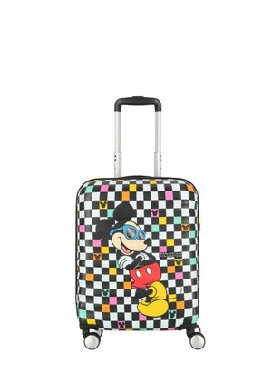 Valigia rigida con un motivo a scacchi colorato. Presenta una grafica di Topolino, manico telescopico e quattro ruote per la mobilità.
