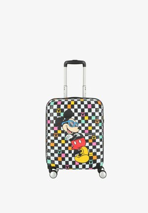 Valigia rigida con un motivo a scacchi colorato. Presenta una grafica di Topolino, manico telescopico e quattro ruote per la mobilità.