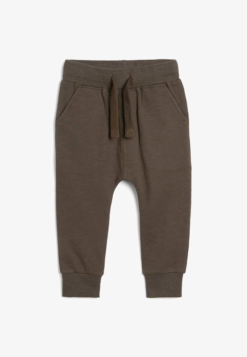 Pantalon de jogging marron pour enfants avec taille élastique, cordon de serrage, poches à l'avant et chevilles côtelées, présenté sur un fond blanc uni.