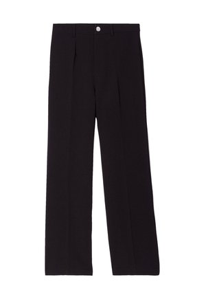 Pantalons noirs à coupe droite, dotés d'un devant plat et de deux plis. Fabriqués dans un tissu lisse avec une fermeture à bouton en métal.