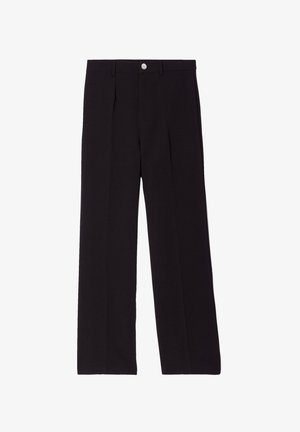 Schwarze Hosen mit geradem Bein, featuring eine flache Vorderseite und zwei Falten. Hergestellt aus einem glatten Stoff mit einem Metallknopfverschluss.