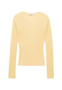 Majica z dolgimi rokavi iz rebrastega materiala v mehki pastelno rumeni barvi, z okroglo ovratnico in oprijetim krojem. Tkanina se zdi gladka in lahka.