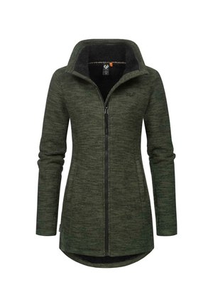 Green fleece jacket with a high collar, full-length zipper, and two side pockets. Textured fabric and a curved hem detail at the bottom.