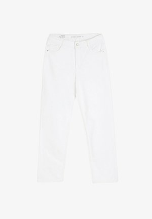 Białe dżinsy o prostym kroju ze średnim stanem, z przeszyciami kieszeni z przodu i zapięciem na guzik. Wykonane z denimu o gładkiej fakturze.