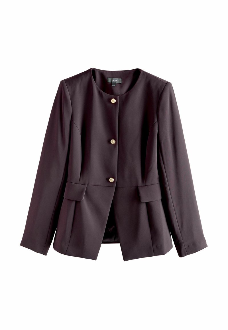 Jachetă roșu închis, ajustată, cu mâneci lungi, decolteu rotund și cinci butoane aurii. Dispune de două buzunare frontale și un design structurat.