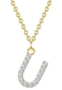 Guldhalsband med ett U-format hänge, prytt med klara kristaller på ena sidan. Kedjan består av länkade cirkulära segment.