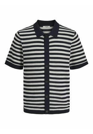 Kortermet strikket polotrøye med marineblå og hvite horisontale striper, med knappestramming foran og flat krage. Teksturert stoff.