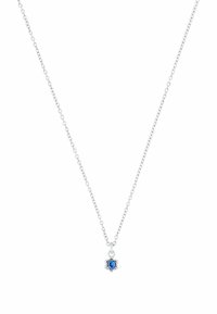 Collana in argento con un piccolo pendente contenente una gemma blu rotonda, incastonata in un elegante accento metallico.