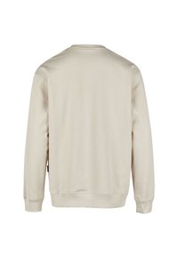 Beige Sweatshirt mit rundem Hals, langen Ärmeln sowie gerippten Bündchen und Saum. Der Stoff wirkt weich mit einer glatten Textur und hat keine sichtbaren Muster.