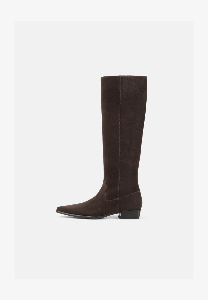 Bottes en suède marron jusqu'au genou avec un bout pointu et un petit talon bloc. Texture lisse, couture minimale et sans matériel ou accents proéminents.