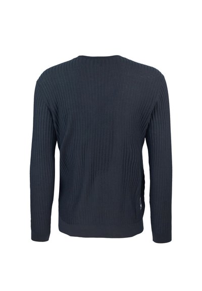 Maglione blu navy a coste con maniche lunghe, scollatura rotonda e tessuto testurizzato. Presenta un piccolo logo sull'orlo inferiore.
