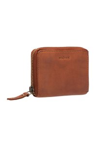 Brown leather wallet with a zip closure, featuring a smooth texture and embossed "MAÎTRE" logo on the front. Compact and rectangular design.