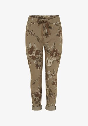 Blomsterprintede bukser i brune og beige nuancer, med elastisk talje, justerbar snøring og opkrøllede manchetter. Letvægtsstof.