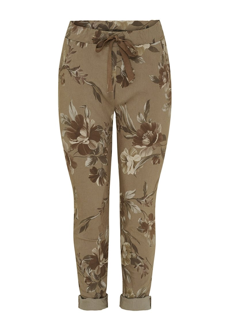Brune blomsterede casual bukser med snor i taljen og manchetter ved anklerne.