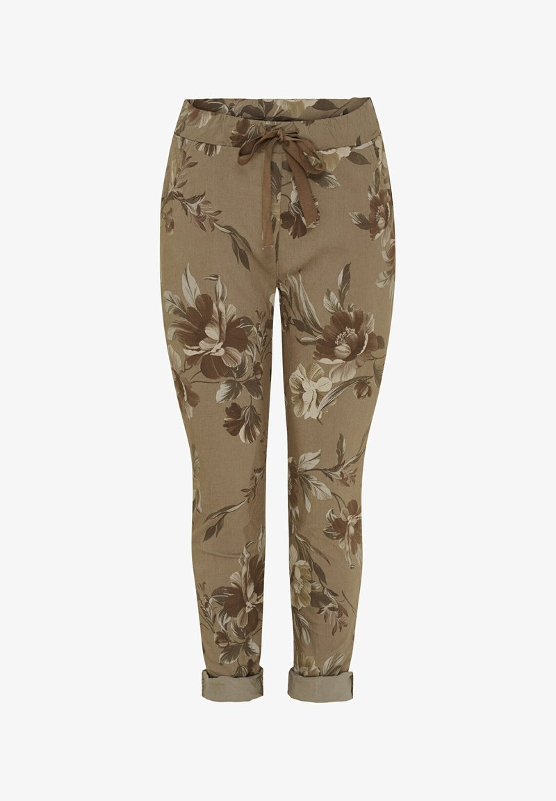Brune blomsterede casual bukser med snor i taljen og manchetter ved anklerne.