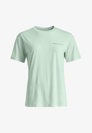 Hellgrünes T-Shirt mit kurzen Ärmeln und Rundhalsausschnitt, mit kleinem "ORTOVOX"-Logo auf der oberen linken Brust.