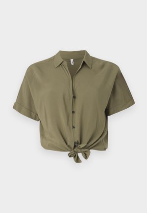 Olive green cropped button-up shirt made of soft fabric, featuring short sleeves, a tie-front detail, and black buttons.
