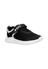 Czarne buty sportowe z oddychającego materiału siatkowego, białe akcenty i logo, zapięcie na rzep oraz teksturowana biała gumowa podeszwa.