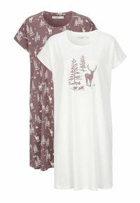 Kaksi lyhyttä mekkoa: yksi valkoinen, jossa on hirvi- ja puugrafiikka; toinen marooninvärinen, jossa on hirviä ja puita kuvioina, valmistettu pehmeästä puuvillasta.