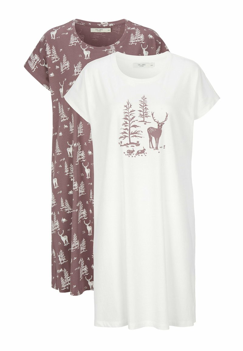 Kaksi lyhyttä mekkoa: yksi valkoinen, jossa on hirvi- ja puugrafiikka; toinen marooninvärinen, jossa on hirviä ja puita kuvioina, valmistettu pehmeästä puuvillasta.