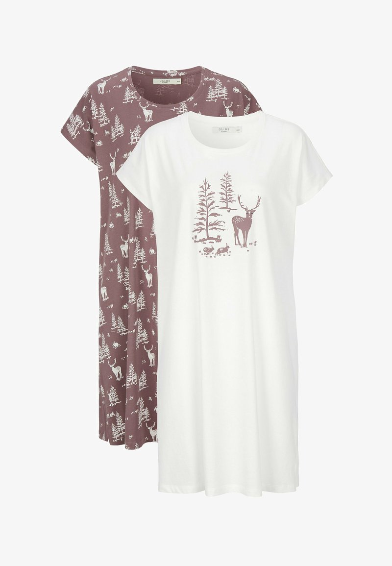 Kaksi lyhyttä mekkoa: yksi valkoinen, jossa on hirvi- ja puugrafiikka; toinen marooninvärinen, jossa on hirviä ja puita kuvioina, valmistettu pehmeästä puuvillasta.