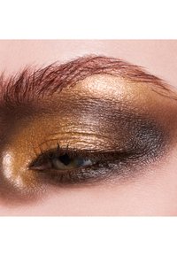 Gros plan sur un œil avec un fard à paupières métallique doré et bronze. Présente des cils bien définis et un léger contour des sourcils, créant un look dramatique.